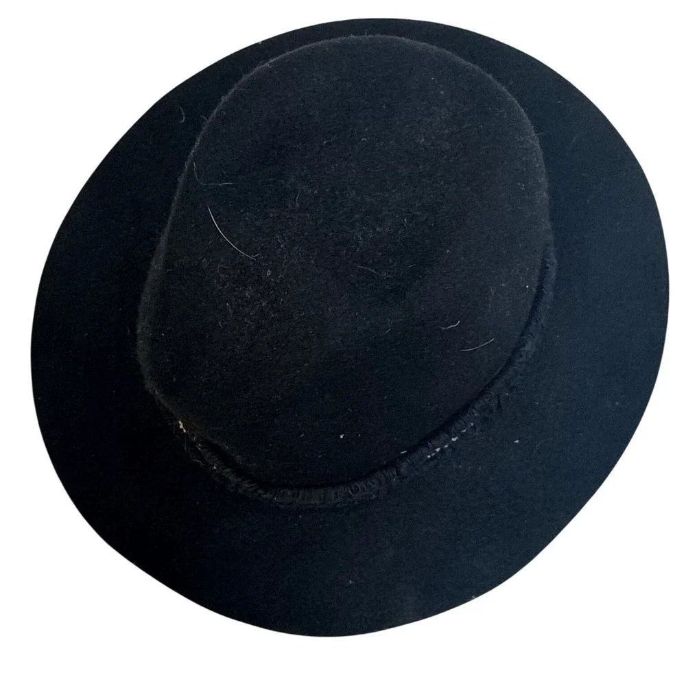 Black 100% Wool Fedora Hat Braided Metallic Gold Trim Boho Wide Brim Flat Top